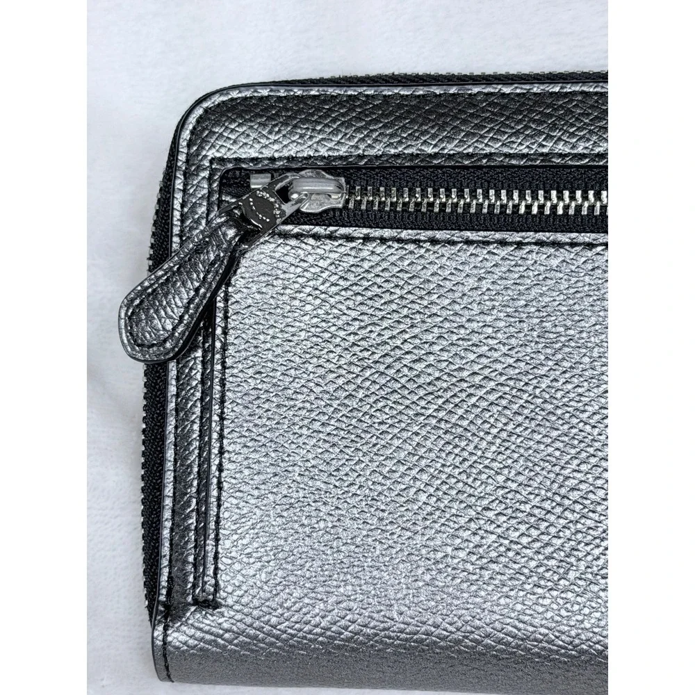 Coach Metallic Gunmetal Silver Pebbled Leather Zip Around Wristlet Wallet Clutch